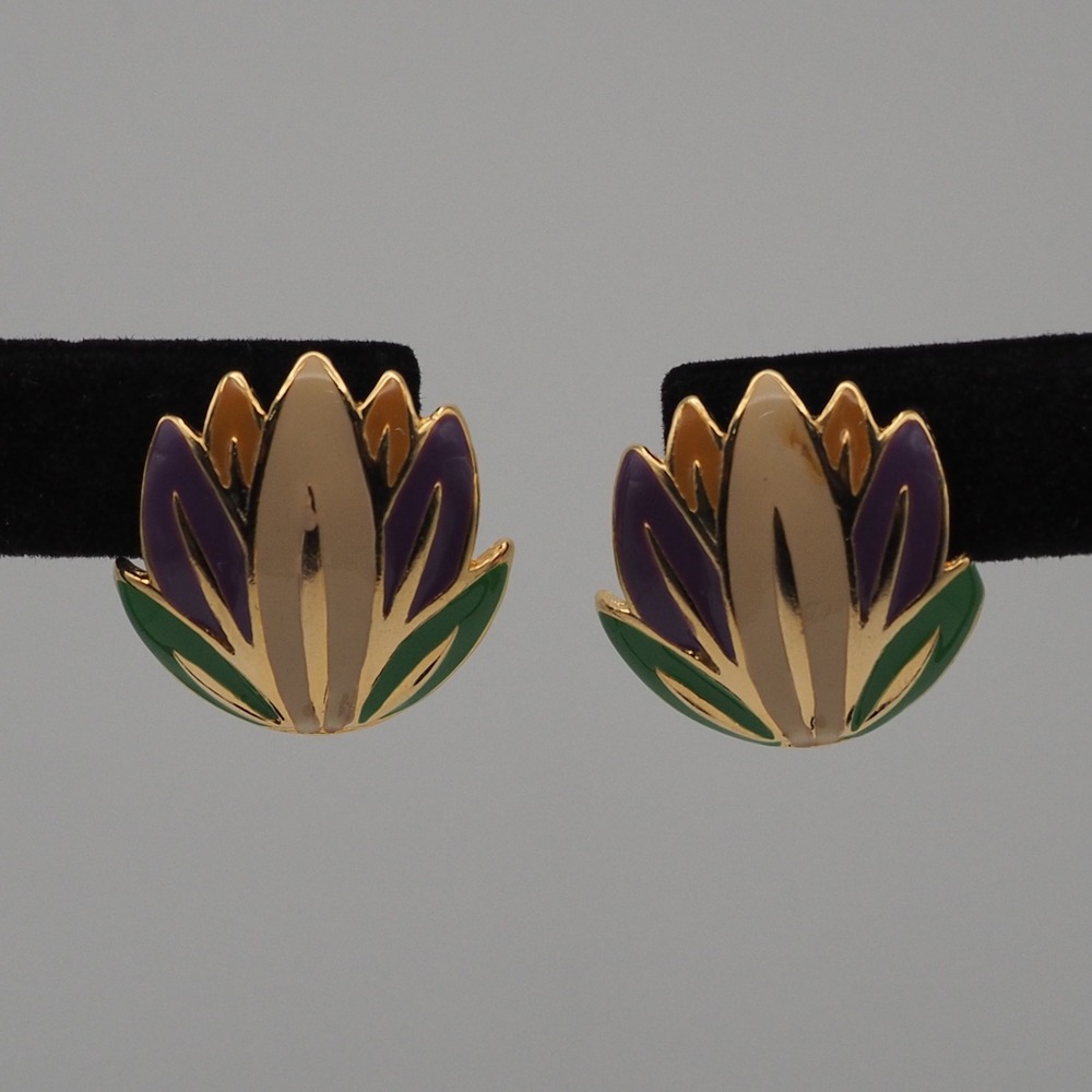 Vintage Enamel Lotus Flower Earrings Purple Green Gold Tone Pierced Mardis Gras